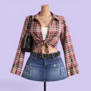 Ann Taylor Vintage Y2K 100% Silk Plaid Tie Front Blouse Red Black Cream Size 4